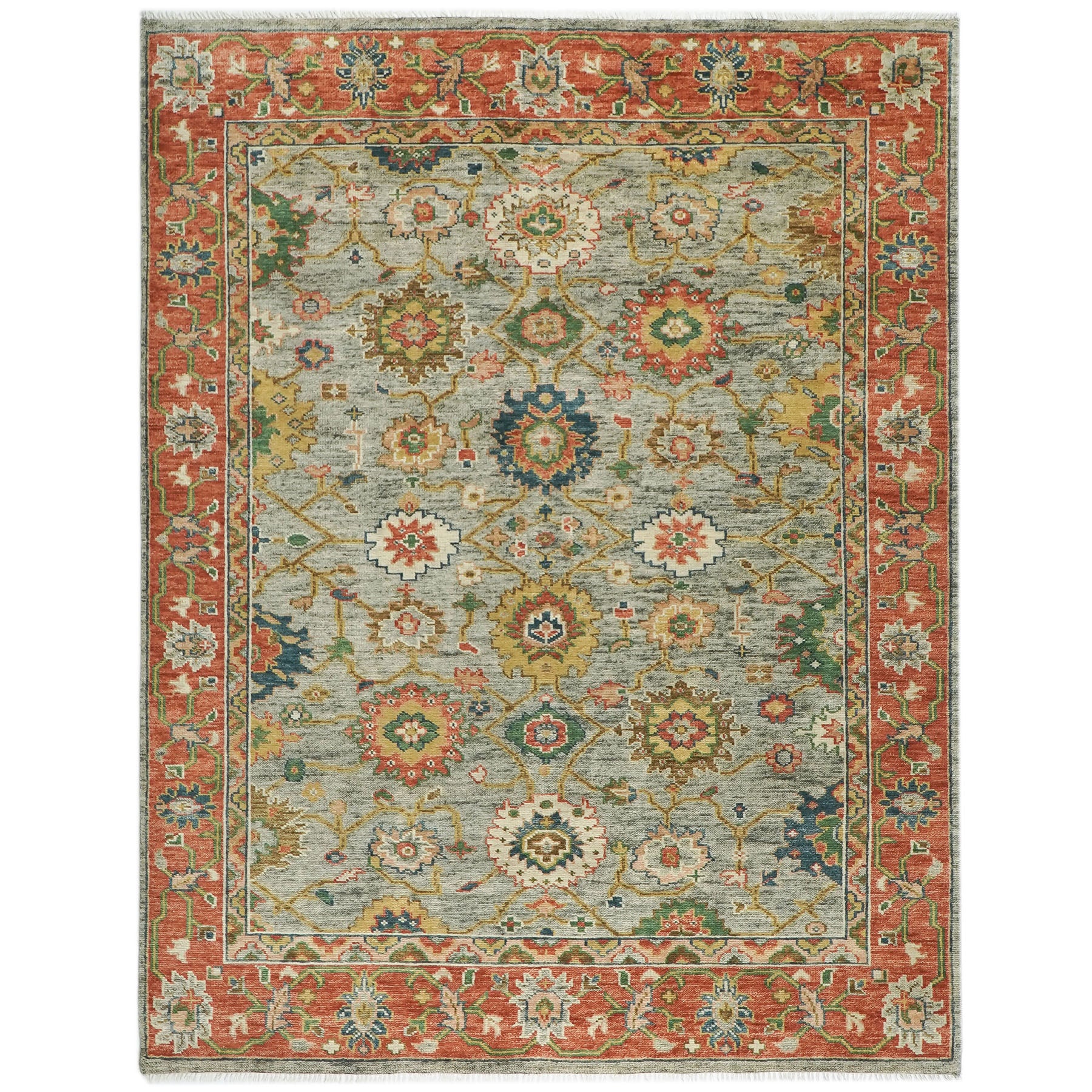 9x12 Mint, Burnt Orange, Blue Color Hand Knotted Oushak Wool Arts and Crafts Oriental Rug