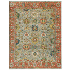 9x12 Mint, Burnt Orange, Blue Color Hand Knotted Oushak Wool Arts and Crafts Oriental Rug