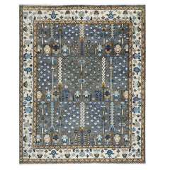 9x12 Gray, Blue, Ivory Color Hand Knotted Oushak Wool Transitional Oriental Rug