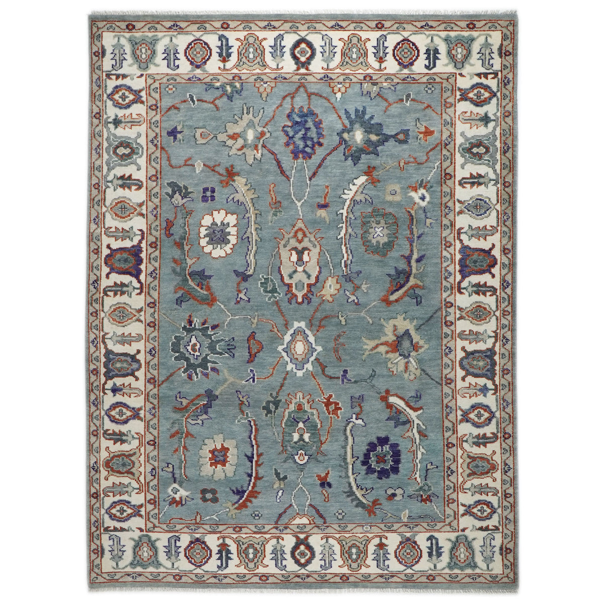 9x12 Blue, Ivory, Burnt Orange Color Hand Knotted Oushak Wool Transitional Oriental Rug