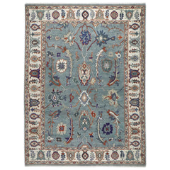 9x12 Blue, Ivory, Burnt Orange Color Hand Knotted Oushak Wool Transitional Oriental Rug
