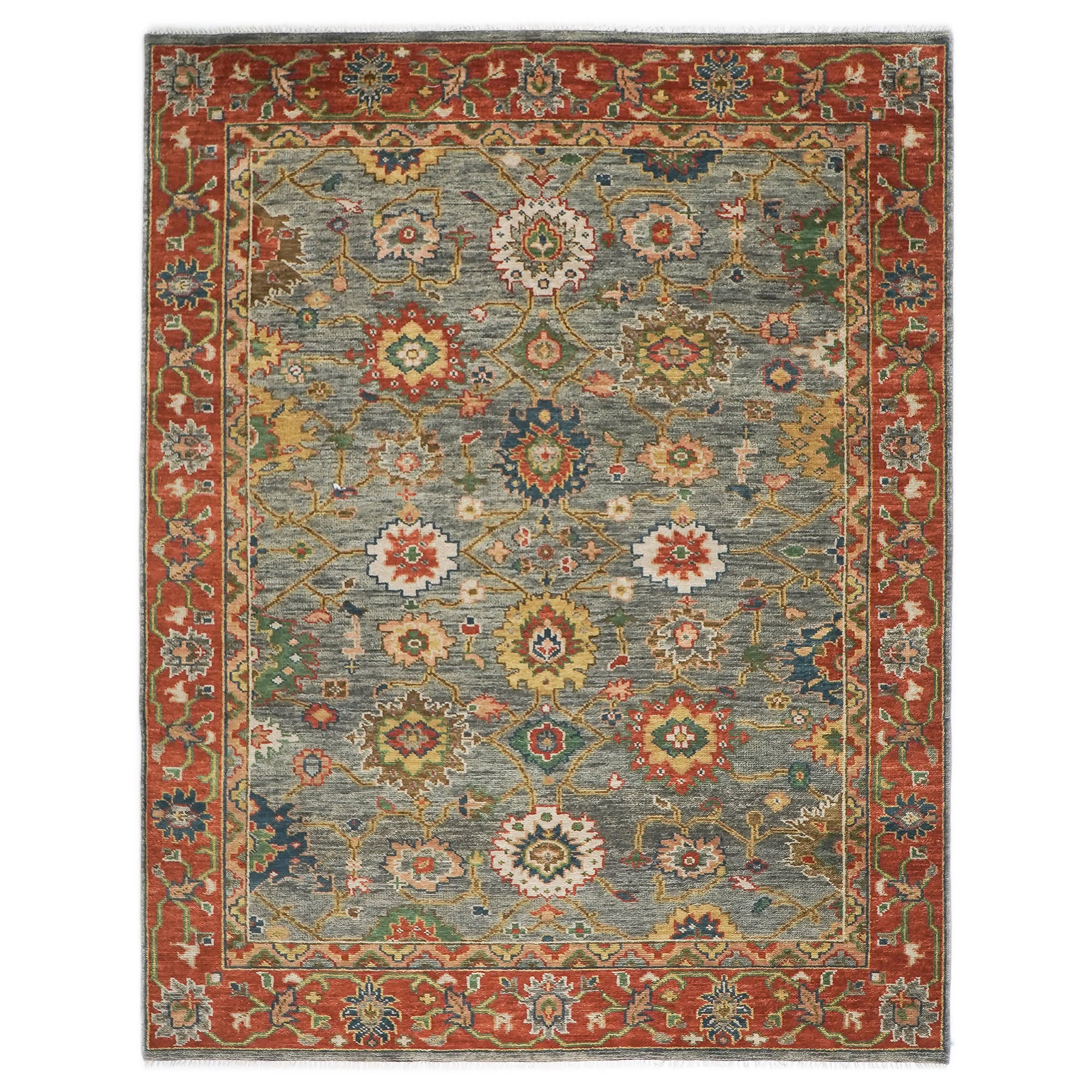 9x12 Blue, Gray, Burnt Orange Color Hand Knotted Oushak Wool Arts and Crafts Oriental Rug