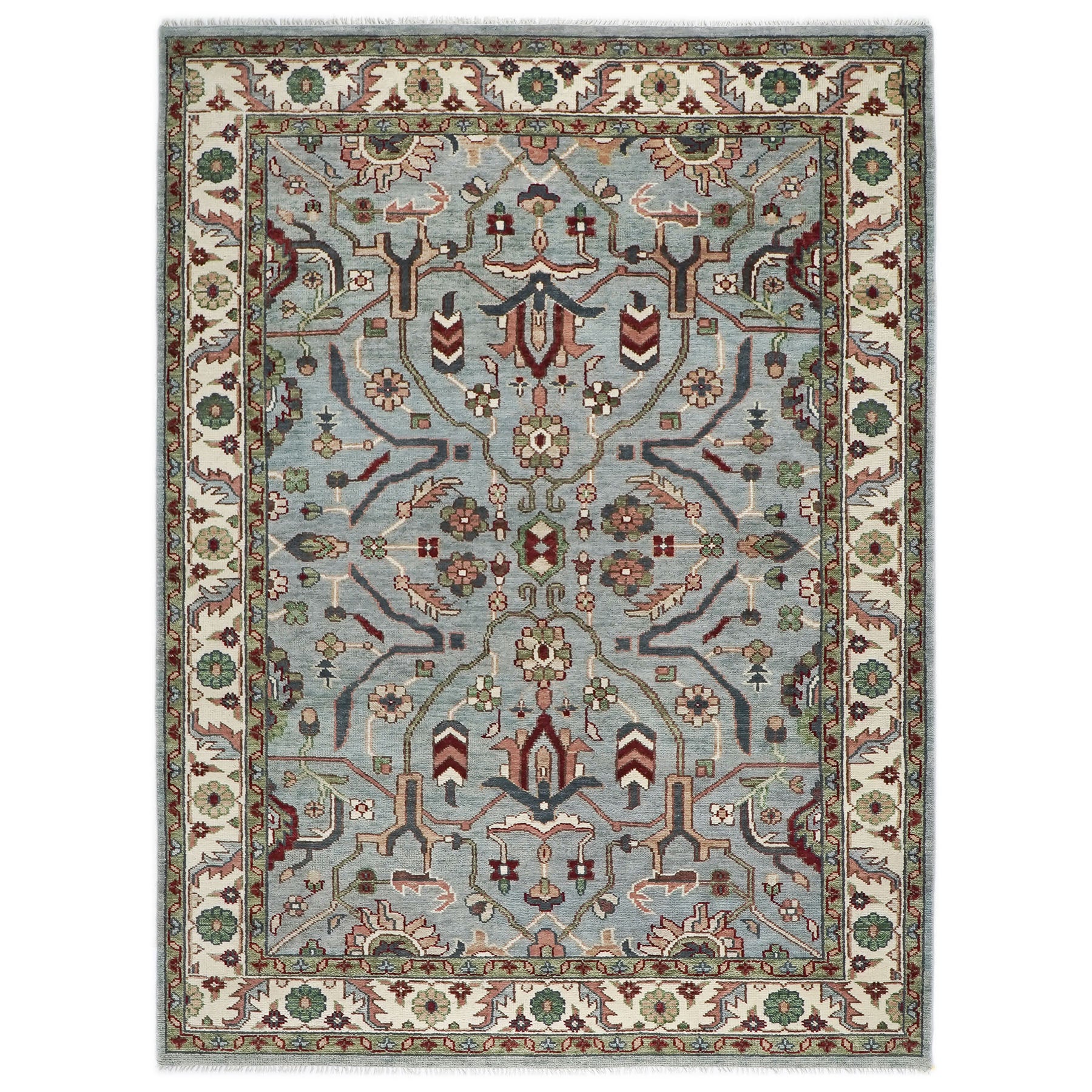 9x12 Blue, Ivory, Sage Color Hand Knotted Oushak Wool Transitional Oriental Rug