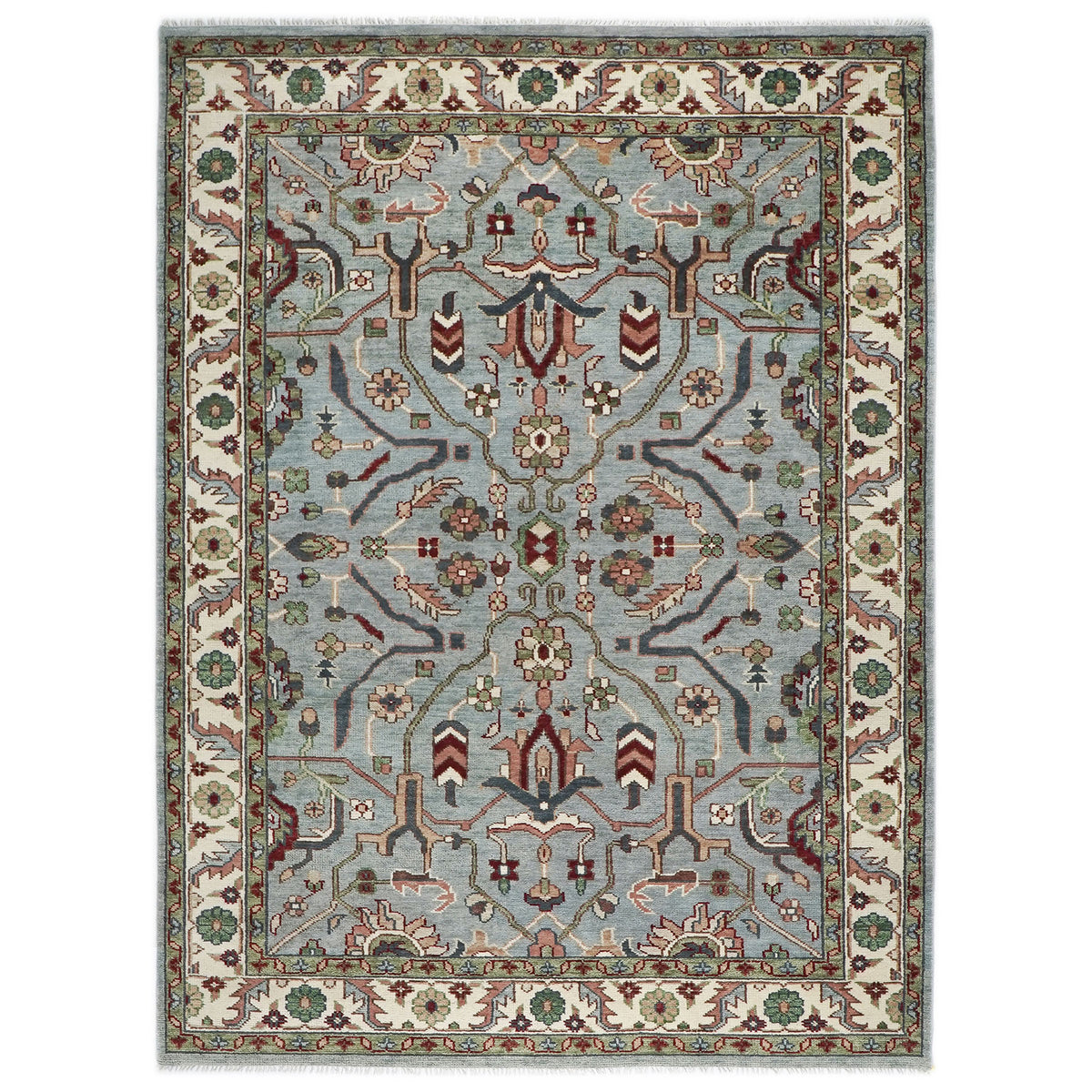 9x12 Blue, Ivory, Sage Color Hand Knotted Oushak Wool Transitional Oriental Rug