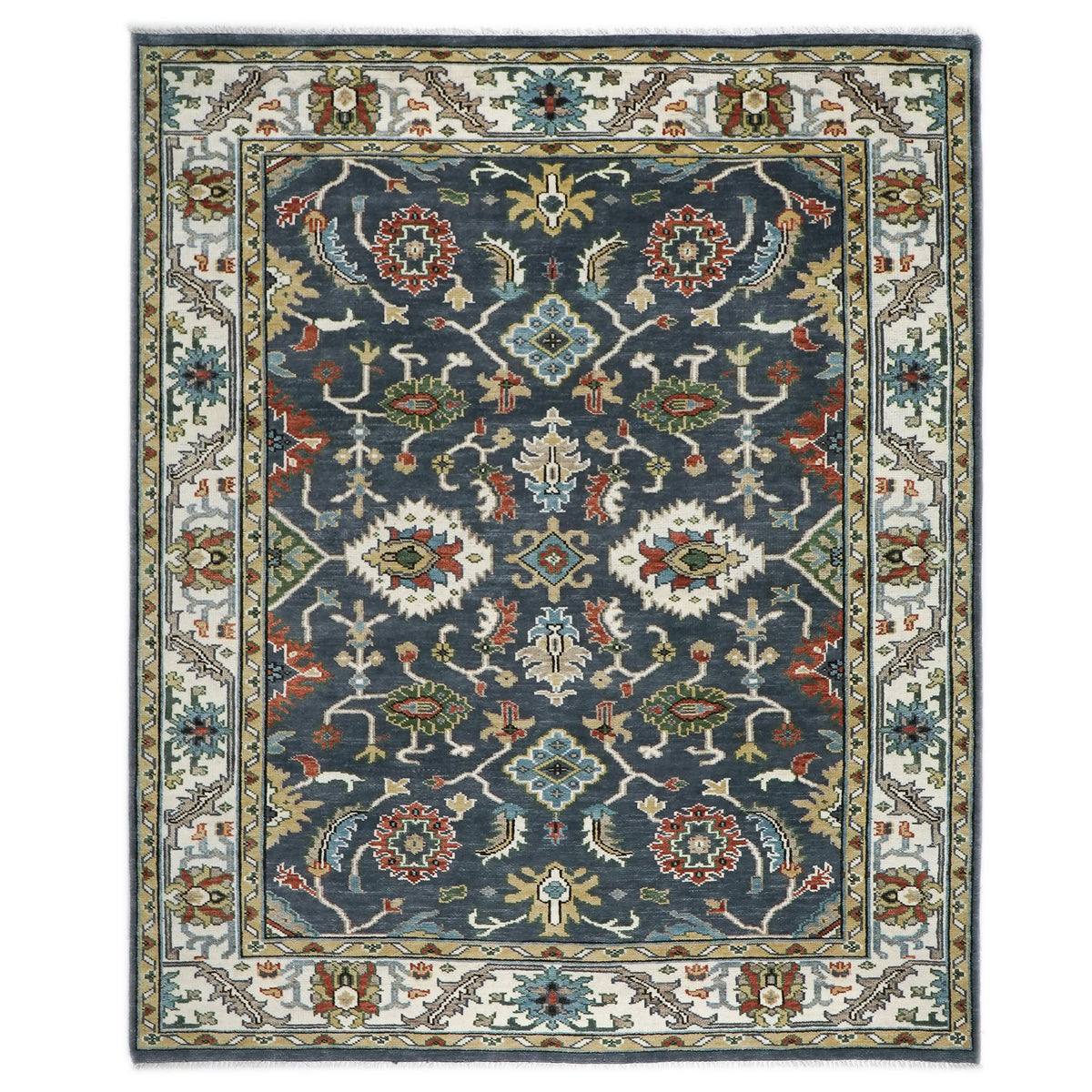 9x12 Blue, Ivory, Green Color Hand Knotted Oushak Wool Arts and Crafts Oriental Rug