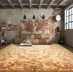 Palace Tan, Gold, Green Color Hand Knotted French Aubusson Savonnerie New Zealand Wool & Silk Traditional Oriental Rug
