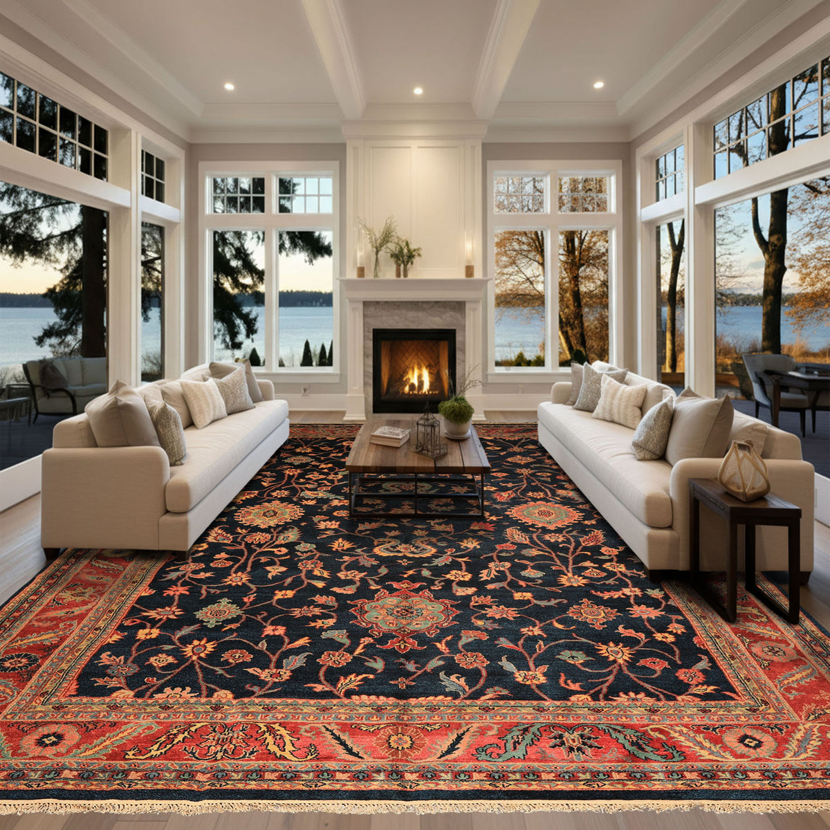 12x18 Navy, Rose, Turquoise Color Hand Knotted Indo Oushak Wool Traditional Oriental Rug