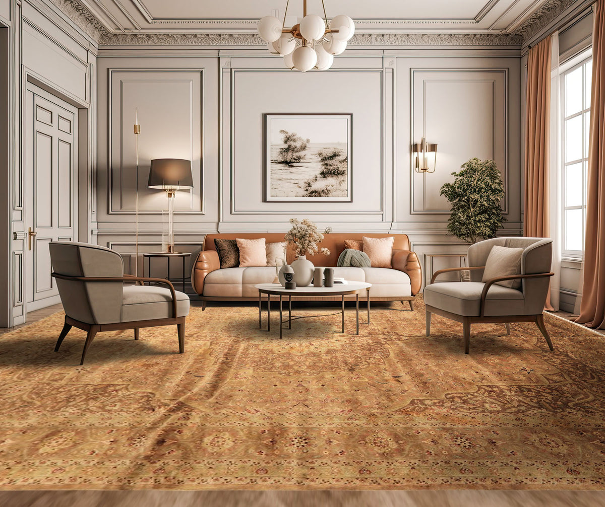 Palace Tan, Sage, Brown Color Hand Knotted Indo Persian Wool Transitional Oriental Rug