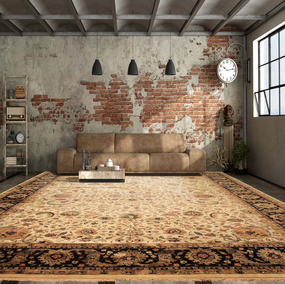 Palace Beige, Black, Maroon Color Hand Knotted Agra New Zealand Wool Traditional Oriental Rug