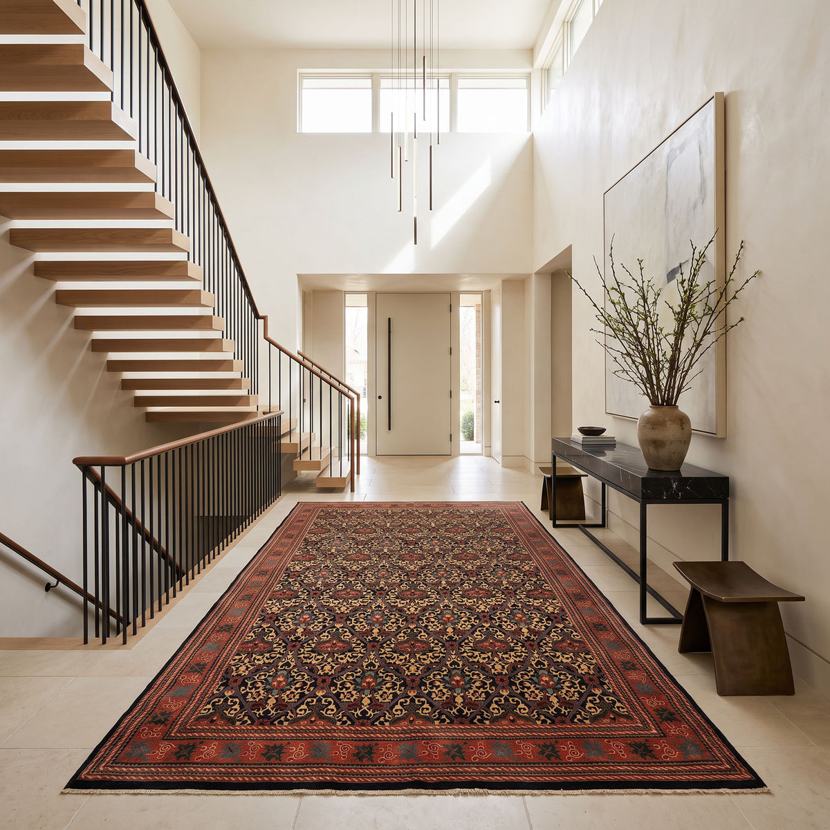 12x15 Mid Night Blue, Rose, Ivory Color Hand Knotted Indo Persian Wool Traditional Oriental Rug