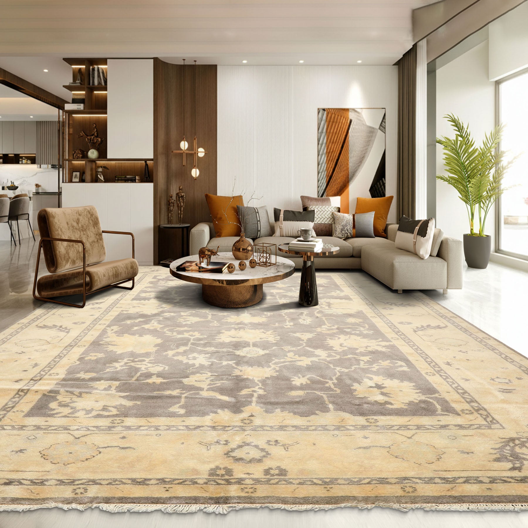 Palace Gray, Ivory, Light Gold Color Hand Knotted Oushak Wool Transitional Oriental Rug