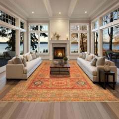 9x12 Burnt Orange, Gold, Celadone Color Hand Knotted Cairene Mamluk Wool Traditional Oriental Rug
