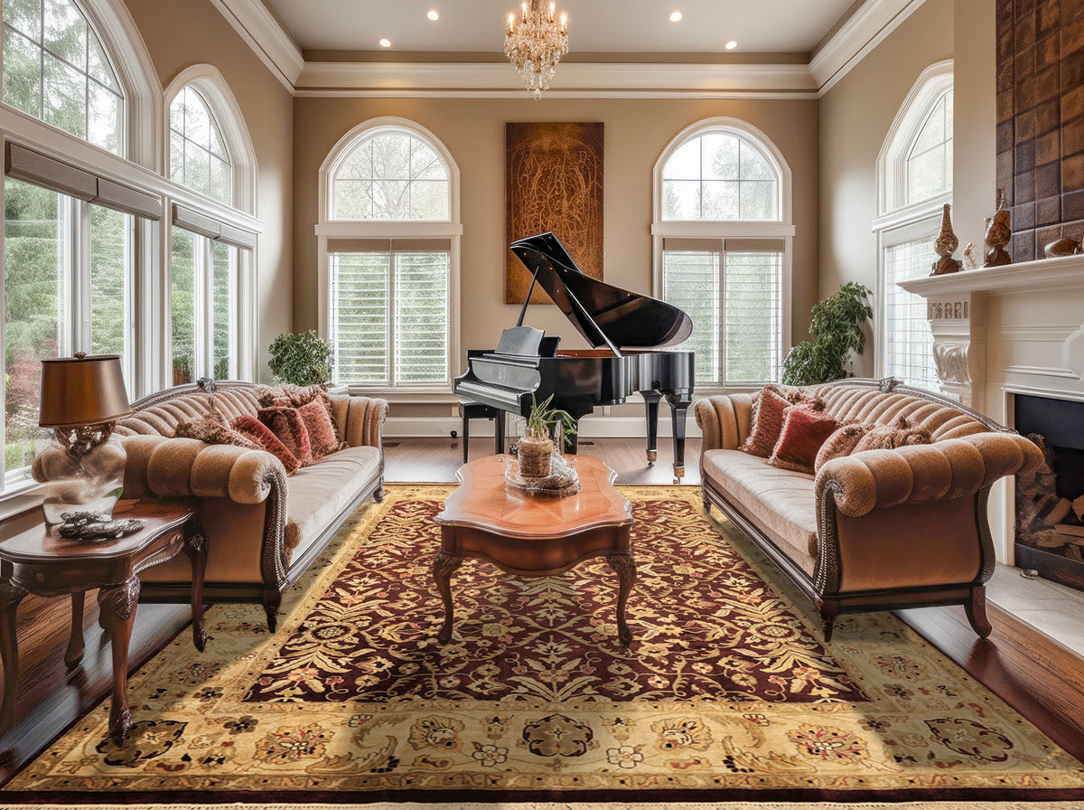 9x12 Maroon, Light Gold, Beige Color Hand Knotted Agra New Zealand Wool Traditional Oriental Rug
