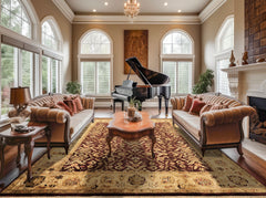 9x12 Maroon, Light Gold, Beige Color Hand Knotted Agra New Zealand Wool Traditional Oriental Rug