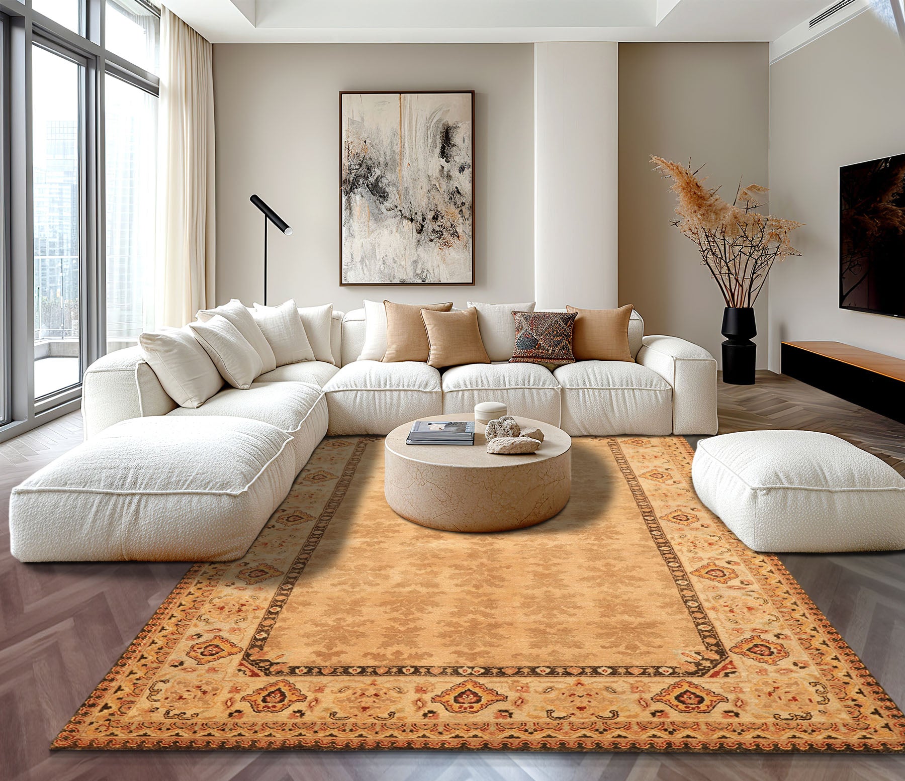 6x9 Tan, Ivory, Gold Color Hand Knotted Agra Wool Transitional Oriental Rug
