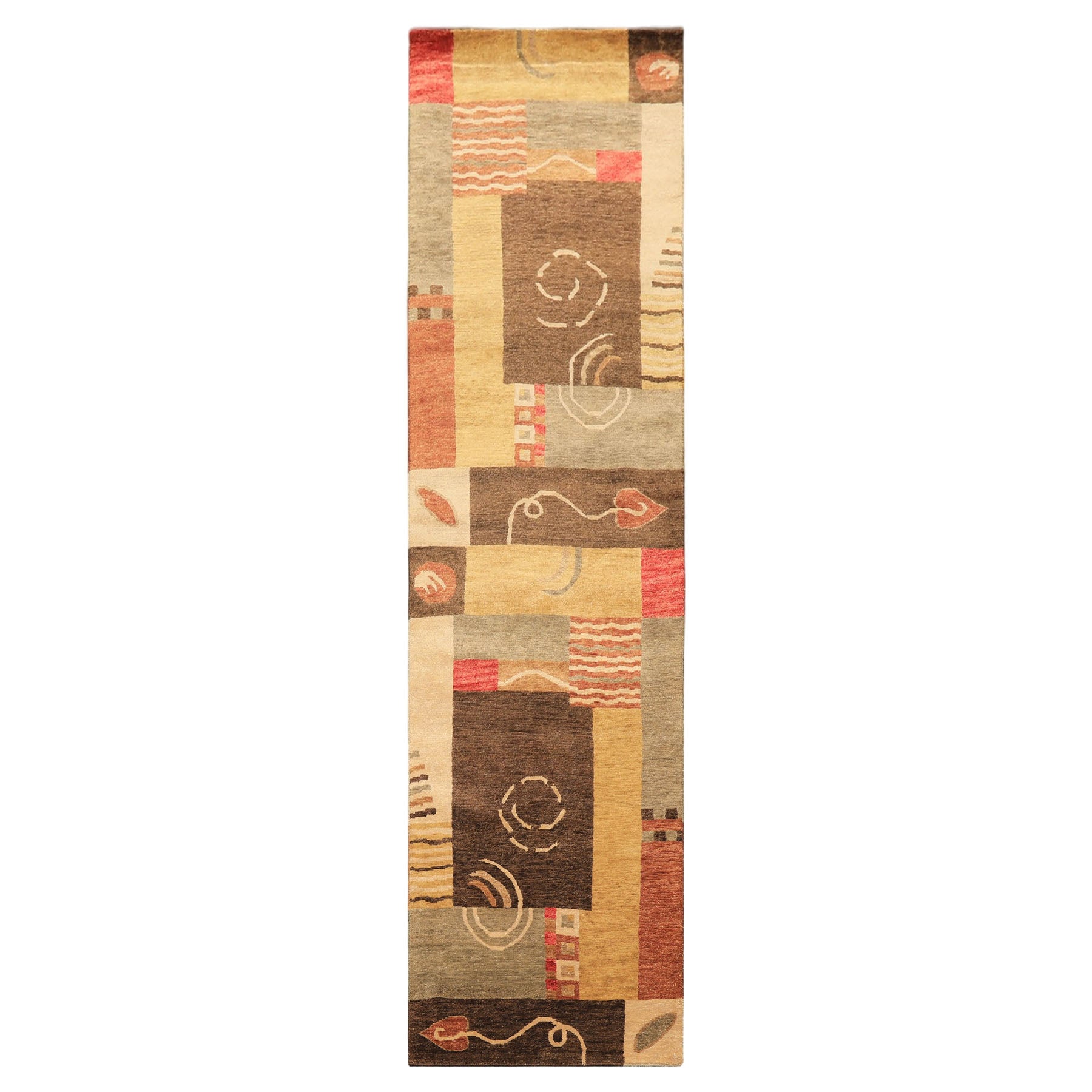 2'6x10 Gold, Brown, Rose Color Hand Knotted Tibetan New Zealand Wool Modern & Contemporary Oriental Rug