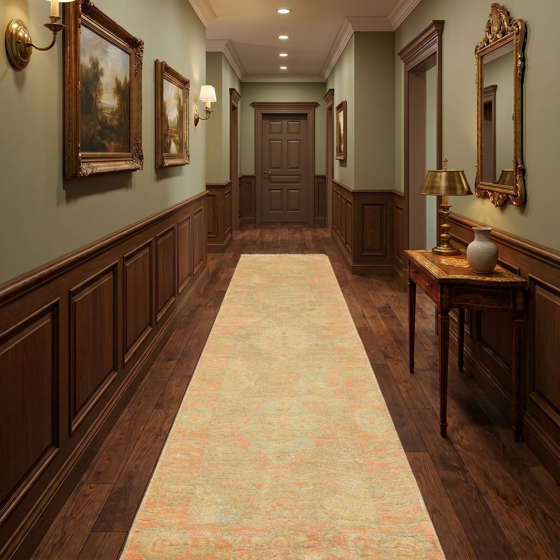 2'6x10 Beige, Mint, Blush Color Hand Knotted Oushak Wool Transitional Oriental Rug