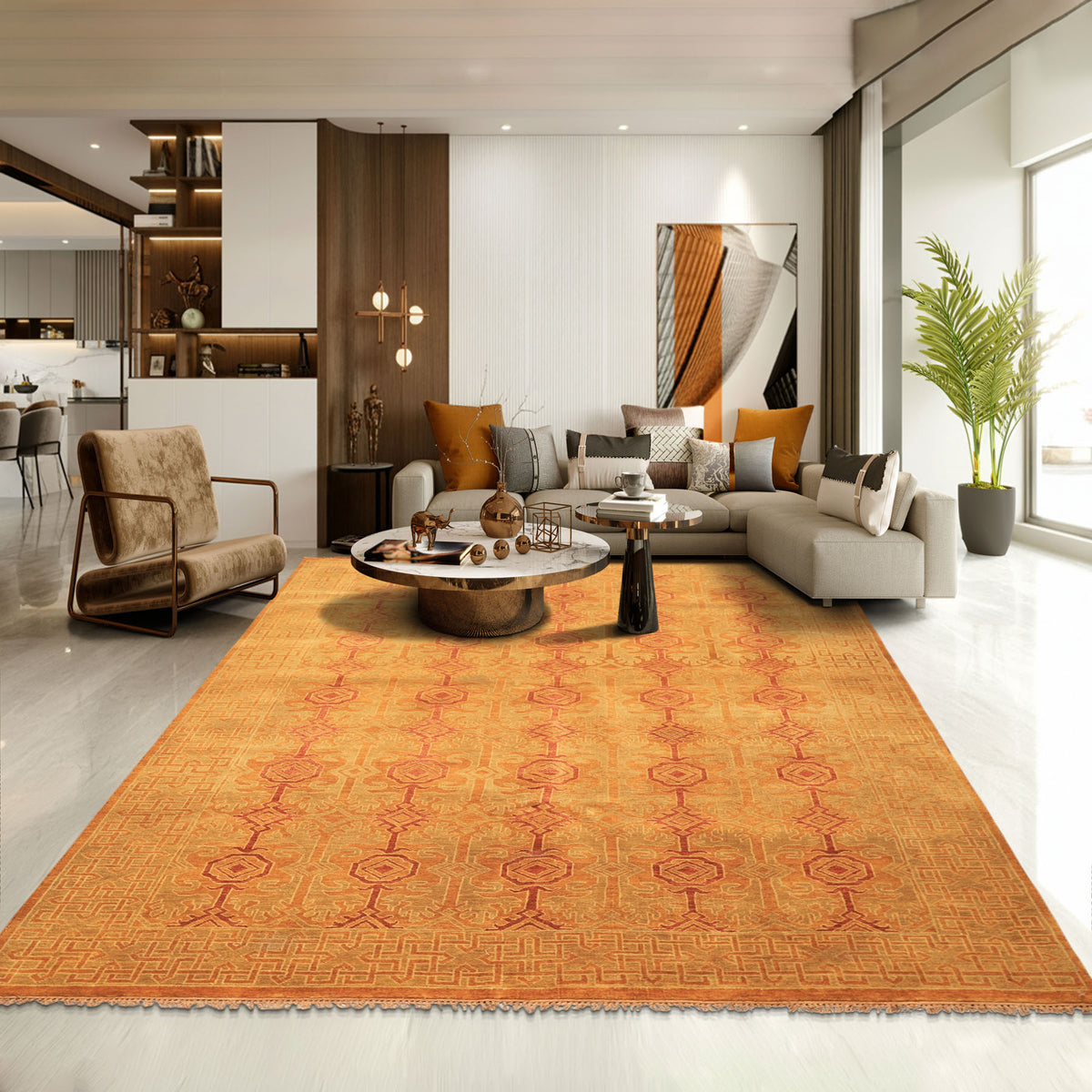6x9 Caramel, Rust, Mint Color Hand Knotted Agra Wool Transitional Oriental Rug