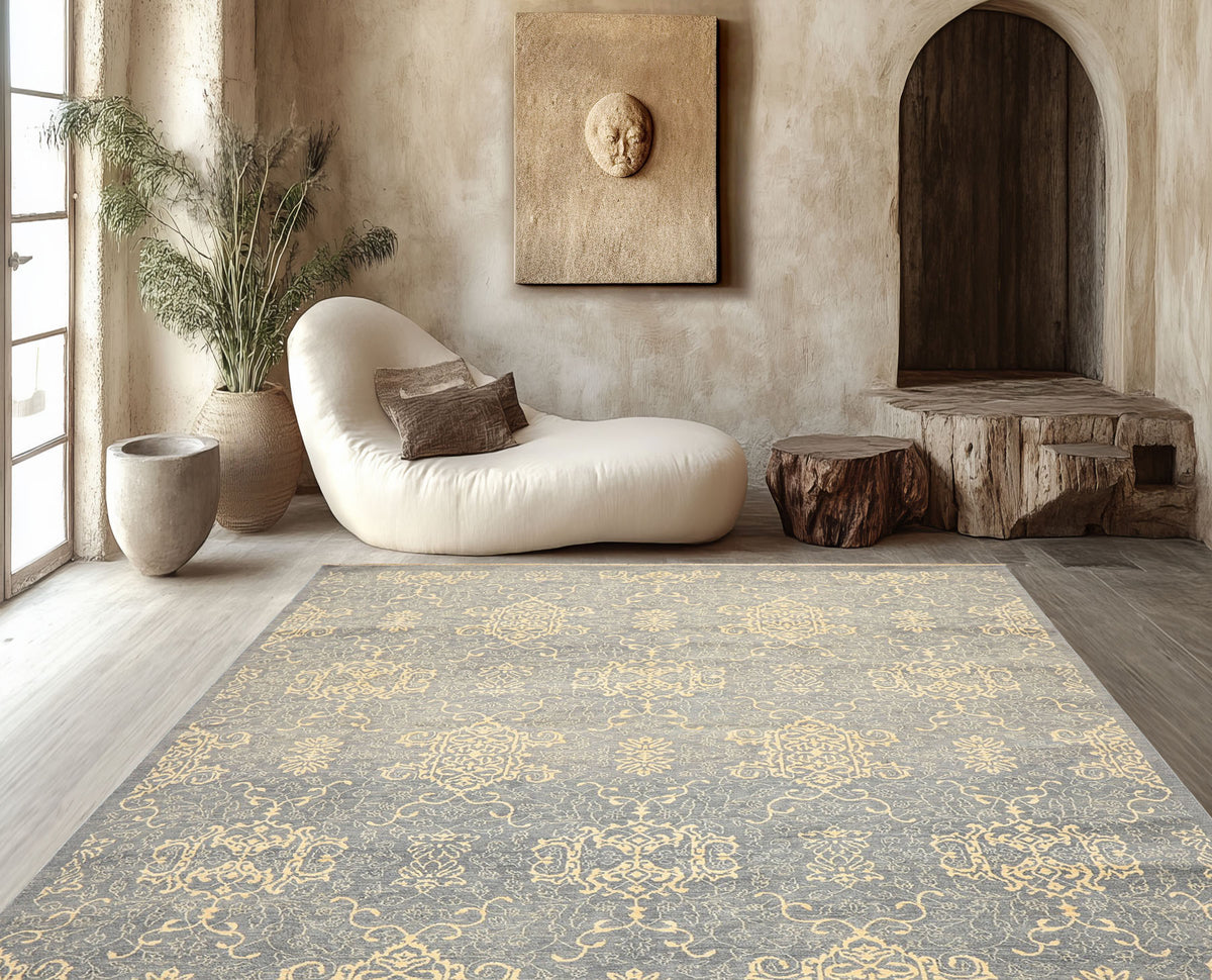 8x10 Gray, Ivory, Color Hand Knotted Peshawar Wool Transitional Oriental Rug