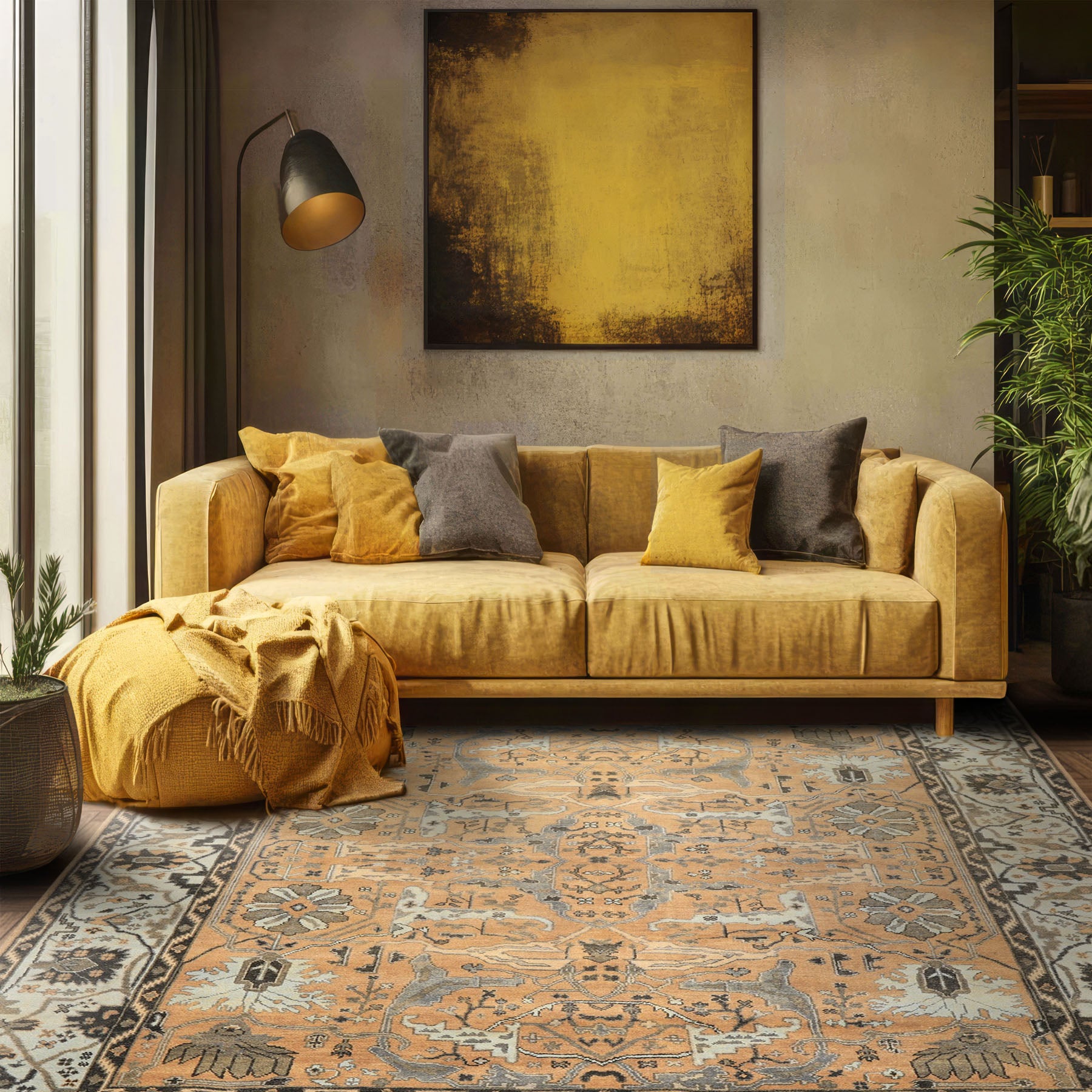 8x10 Peach, Blue, Charcoal Color Hand Knotted Oushak Wool Transitional Oriental Rug