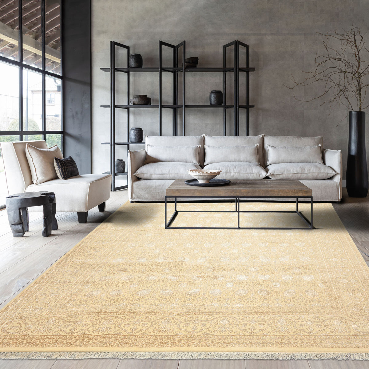 8x10 Ivory, Beige, Color Hand Knotted Tibetan Wool & Silk Transitional Oriental Rug