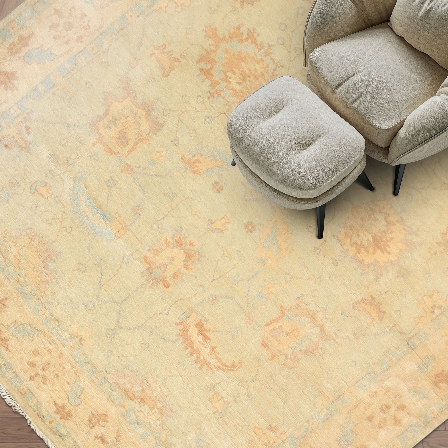 8x10 Beige, Gray, Blue Color Hand Knotted Oushak New Zealand Wool Transitional Oriental Rug