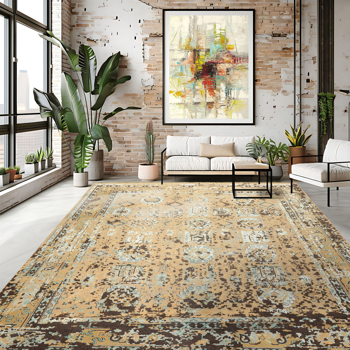 8x10 Beige, Moss, Chocolate Color Hand Knotted Oushak Wool & Bamboo Silk Transitional Oriental Rug