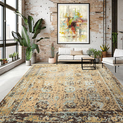 8x10 Beige, Moss, Chocolate Color Hand Knotted Oushak Wool & Bamboo Silk Transitional Oriental Rug