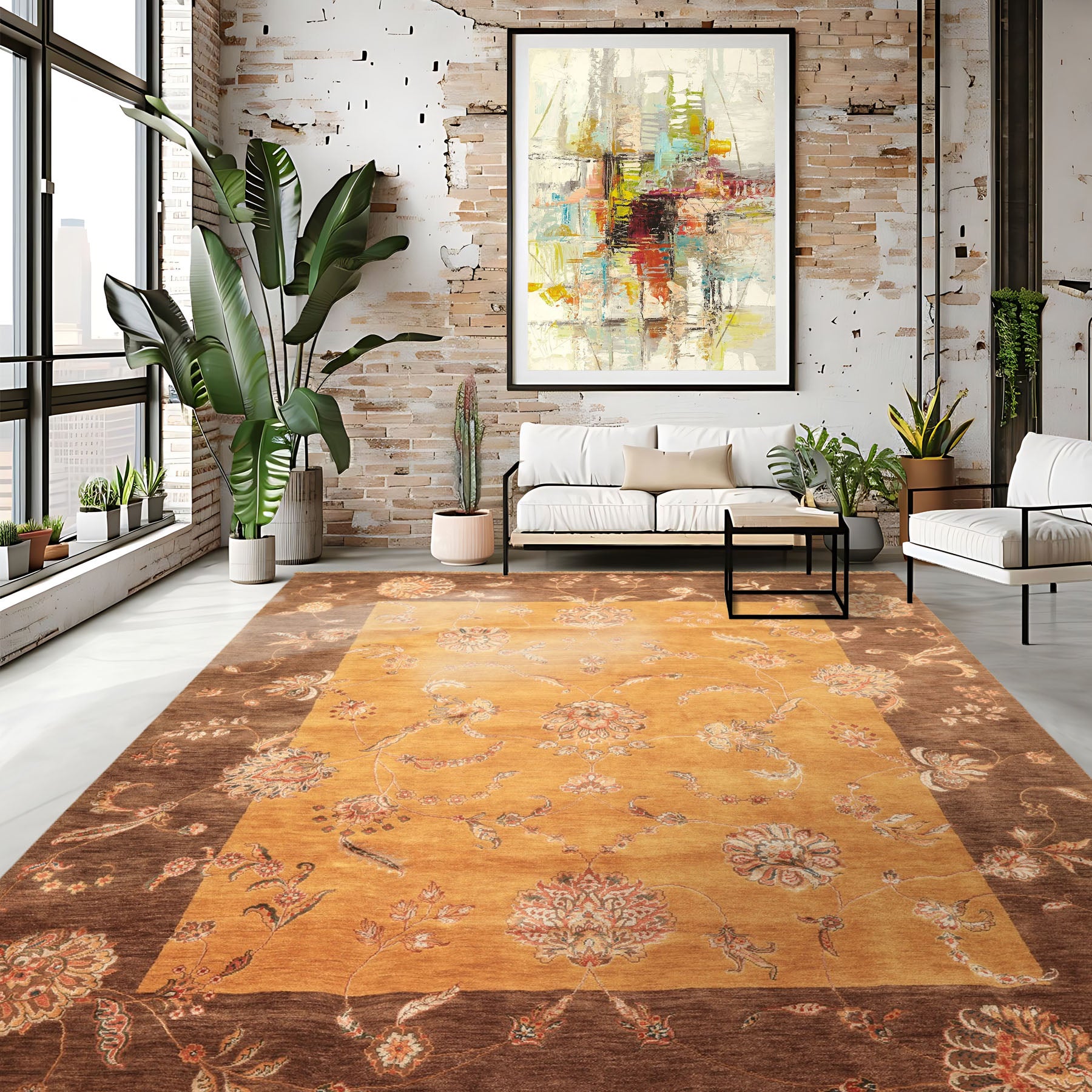8x10 Gold, Brown, Mint Color Hand Knotted Agra Wool & Silk Transitional Oriental Rug