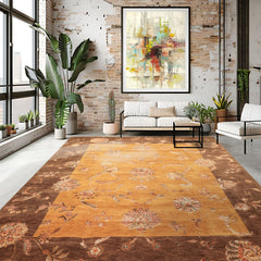 8x10 Gold, Brown, Mint Color Hand Knotted Agra Wool & Silk Transitional Oriental Rug