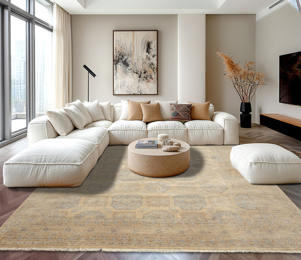 8x10 Beige, Taupe, Slate Color Hand Knotted Khotan Wool Transitional Oriental Rug