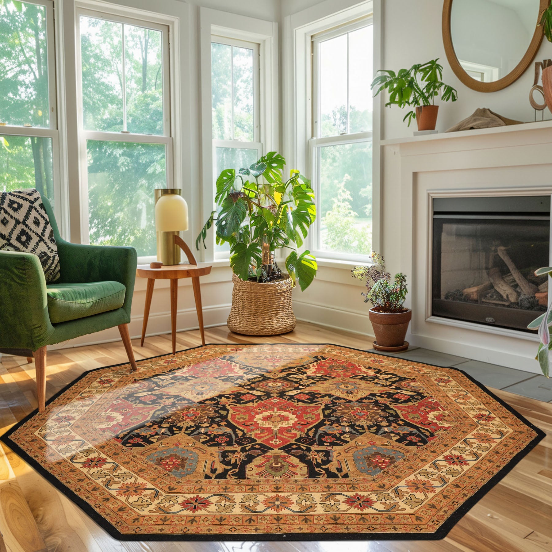 Octagon Black, Ivory, Gold Color Hand Knotted Soumak Wool Traditional Oriental Rug
