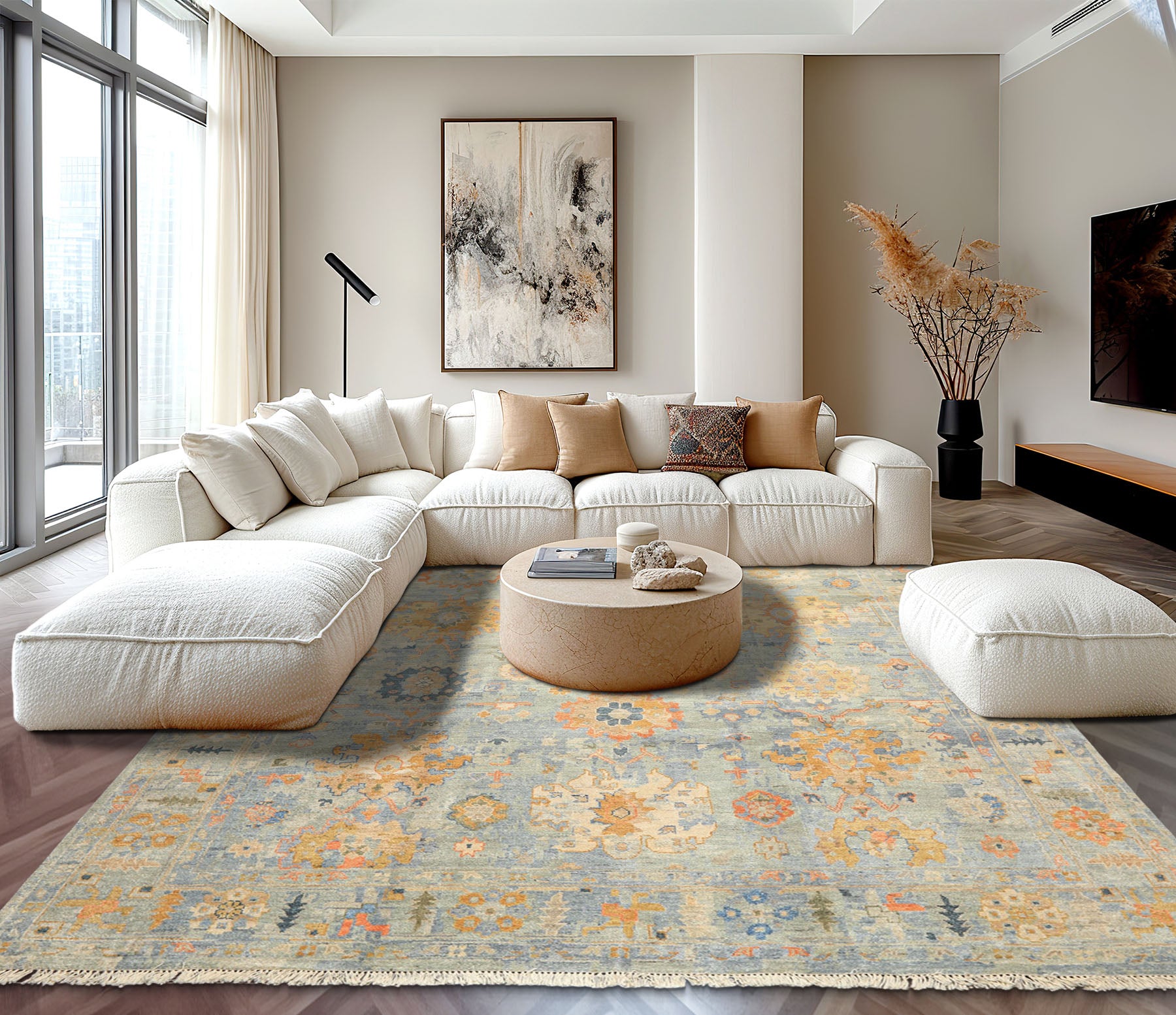 8x10 Blue, Aqua, Gold Color Hand Knotted Oushak Wool Modern & Contemporay Oriental Rug
