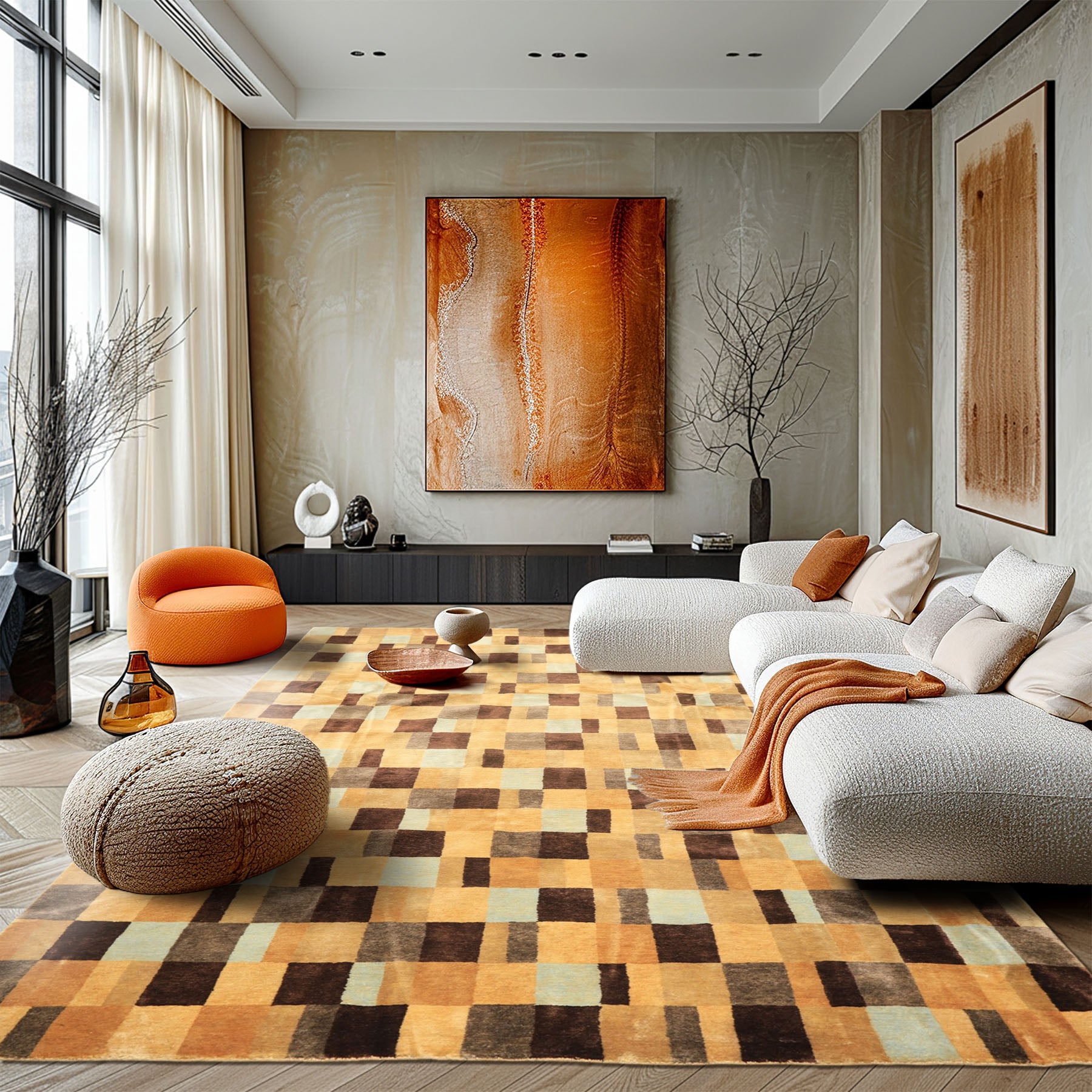 8x10 Gold, Chocolate, Aqua Color Hand Knotted Tibetan New Zealand Wool Modern & Contemporay Oriental Rug