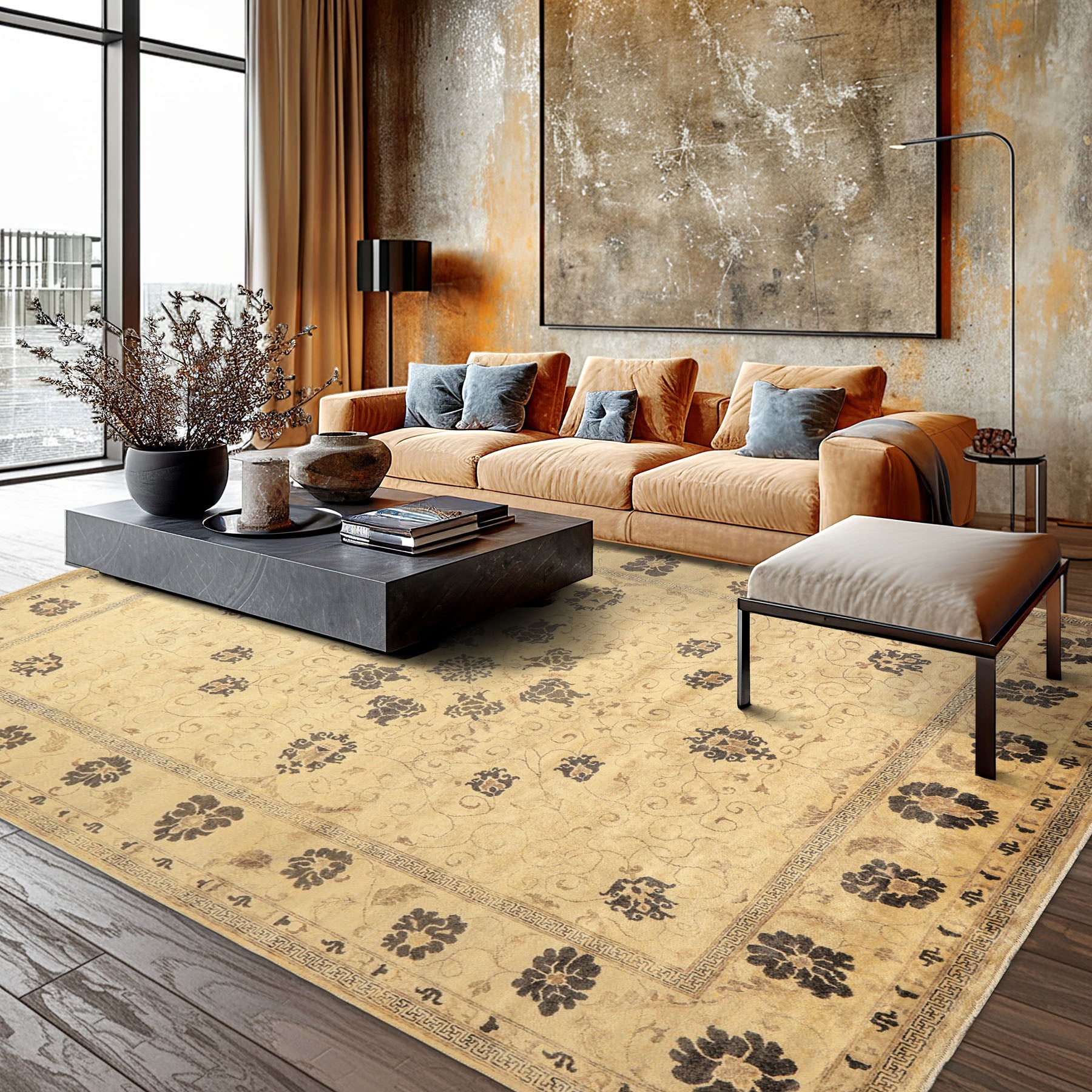 9x12 Beige, Brown, Chocolate Color Hand Knotted Oushak New Zealand Wool Transitional Oriental Rug