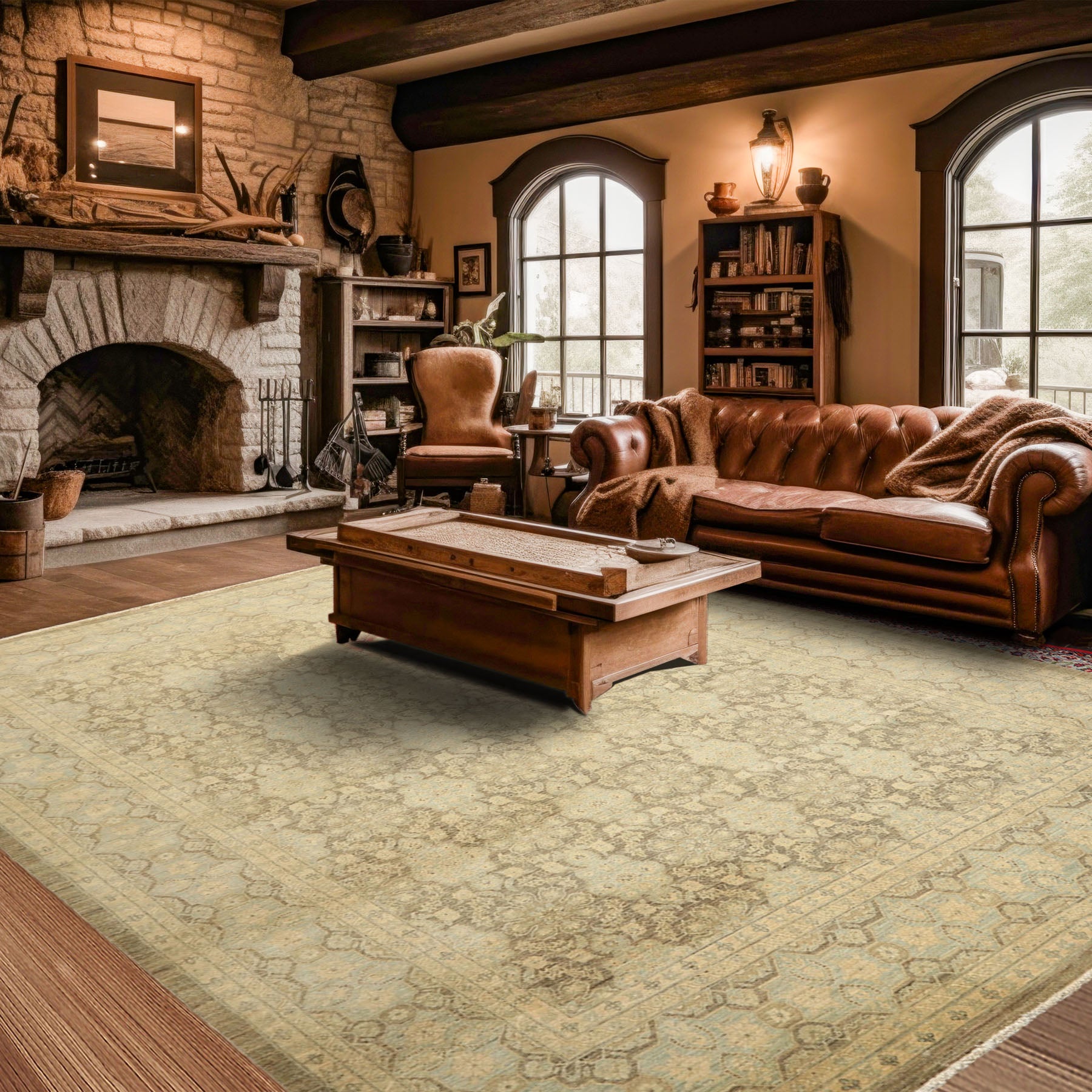 9x11 Brown, Aqua, Beige Color Hand Knotted Chobi Peshawar Wool Transitional Oriental Rug