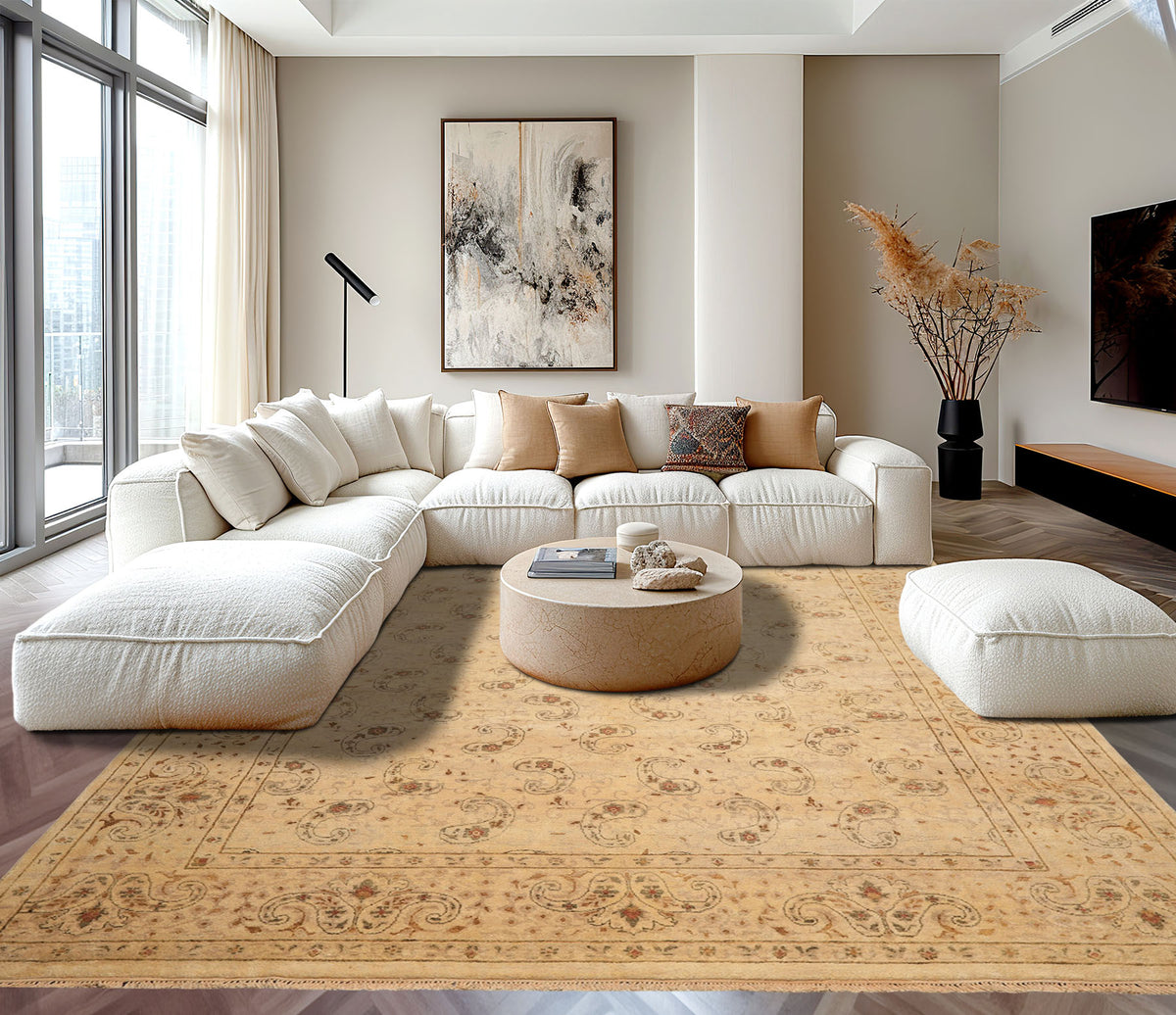 9x12 Beige, Caramel, Green Color Hand Knotted Agra Wool Traditional Oriental Rug