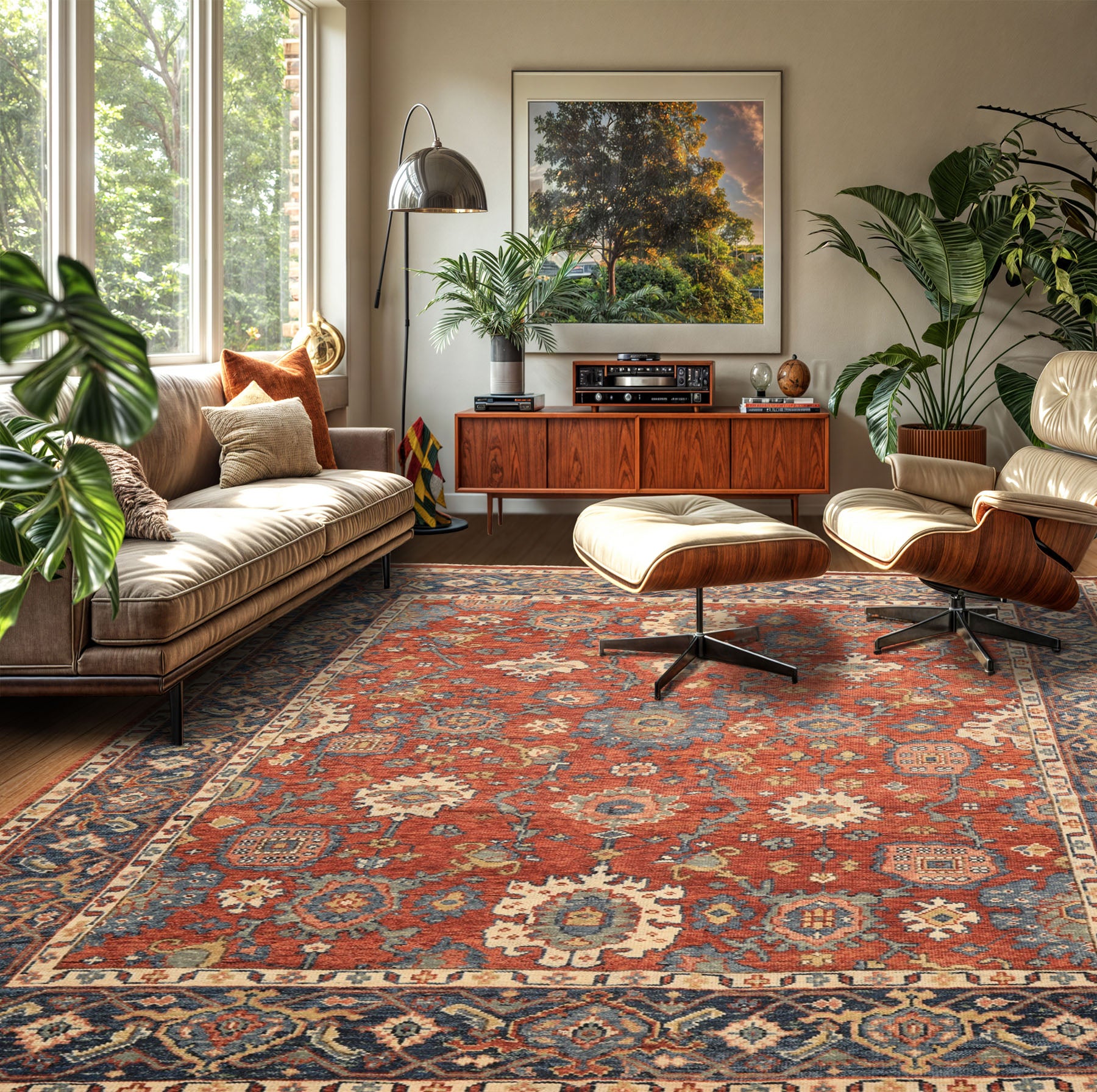 8x10 Rust, Navy, Ivory Color Hand Knotted Oushak Wool Traditional Oriental Rug