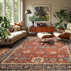 8x10 Rust, Navy, Ivory Color Hand Knotted Oushak Wool Traditional Oriental Rug