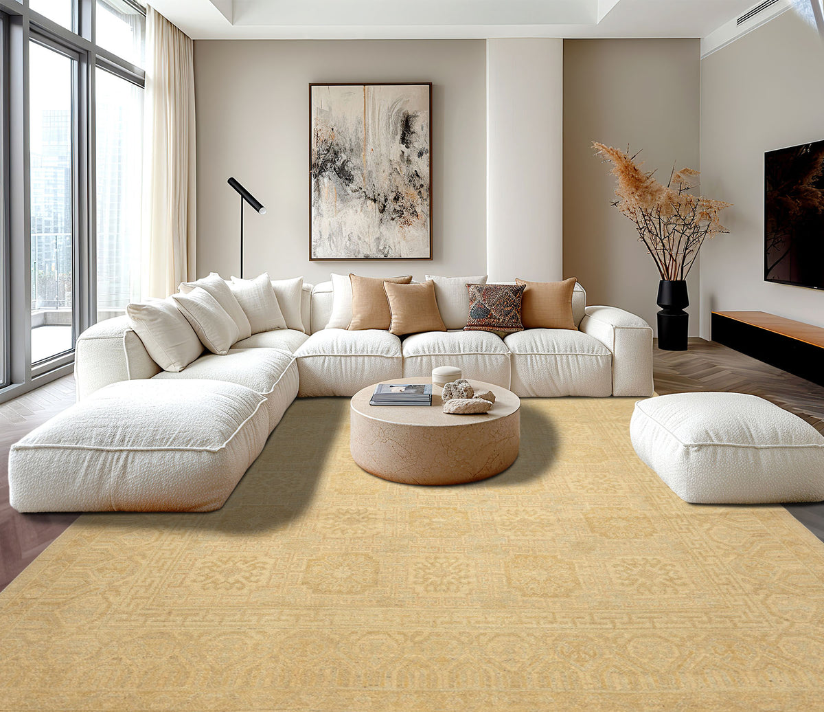 8x10 Beige, Tan, Celadon Color Hand Knotted Oushak Wool Transitional Oriental Rug