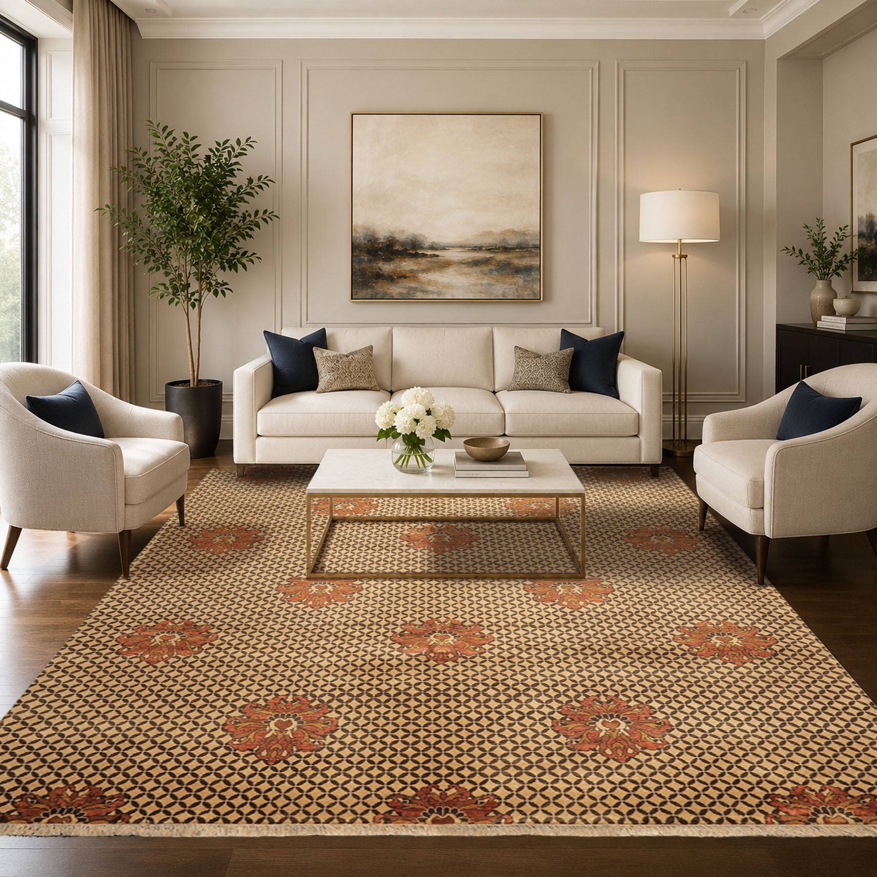 8x10 Beige, Brown, Burnt Orange Color Hand Knotted Agra Wool Transitional Oriental Rug