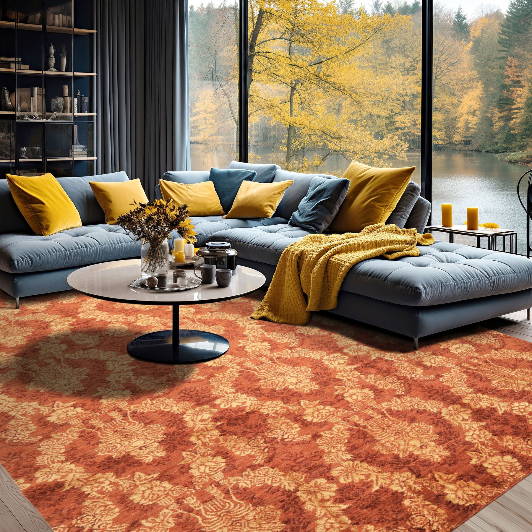 9x12 Rust, Gold, Color Hand Loomed Tibetan Wool & Bamboo Silk Transitional Oriental Rug