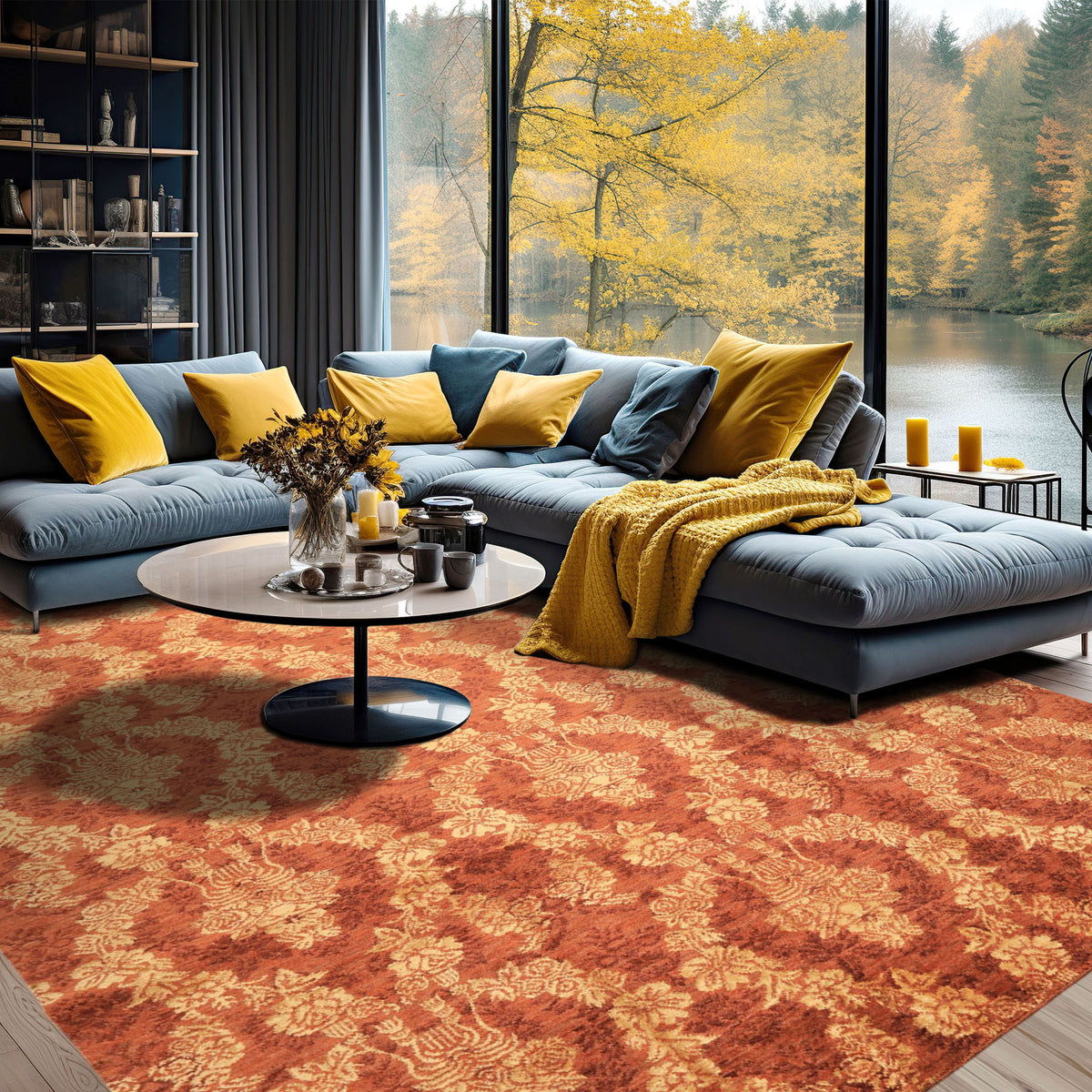 9x12 Rust, Gold, Color Hand Loomed Tibetan Wool & Bamboo Silk Transitional Oriental Rug
