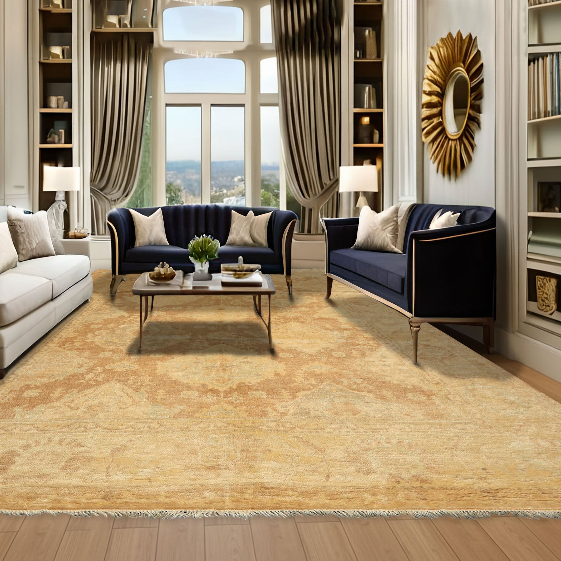 8x10 Tan, Beige, Celadon Color Hand Knotted Oushak New Zealand Wool Transitional Oriental Rug