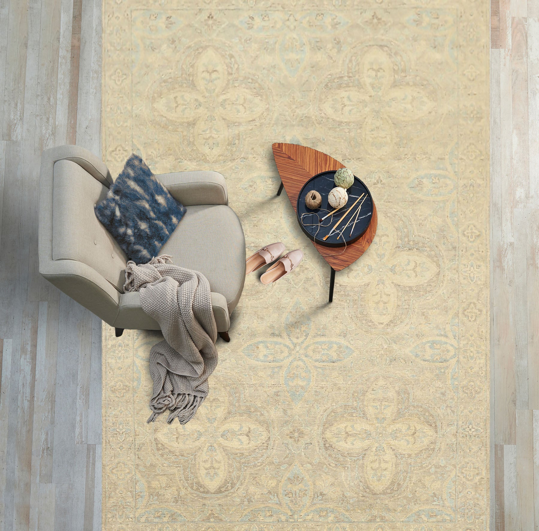 6x9 Beige, Gray, Taupe Color Hand Knotted Oushak Wool Transitional Oriental Rug
