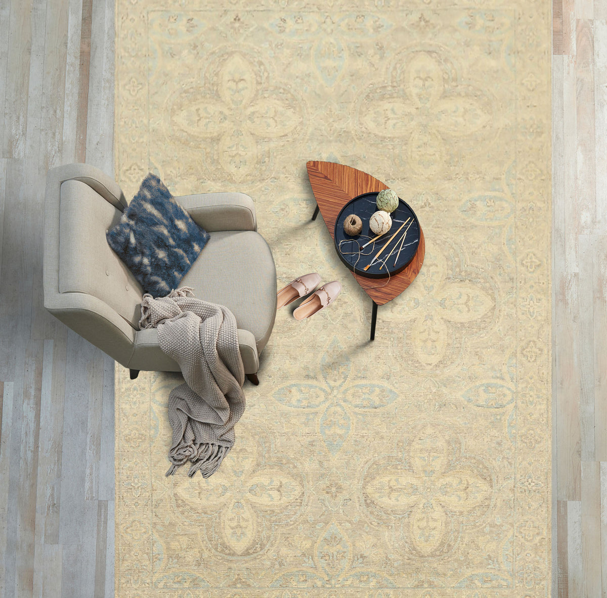 6x9 Beige, Gray, Taupe Color Hand Knotted Oushak Wool Transitional Oriental Rug