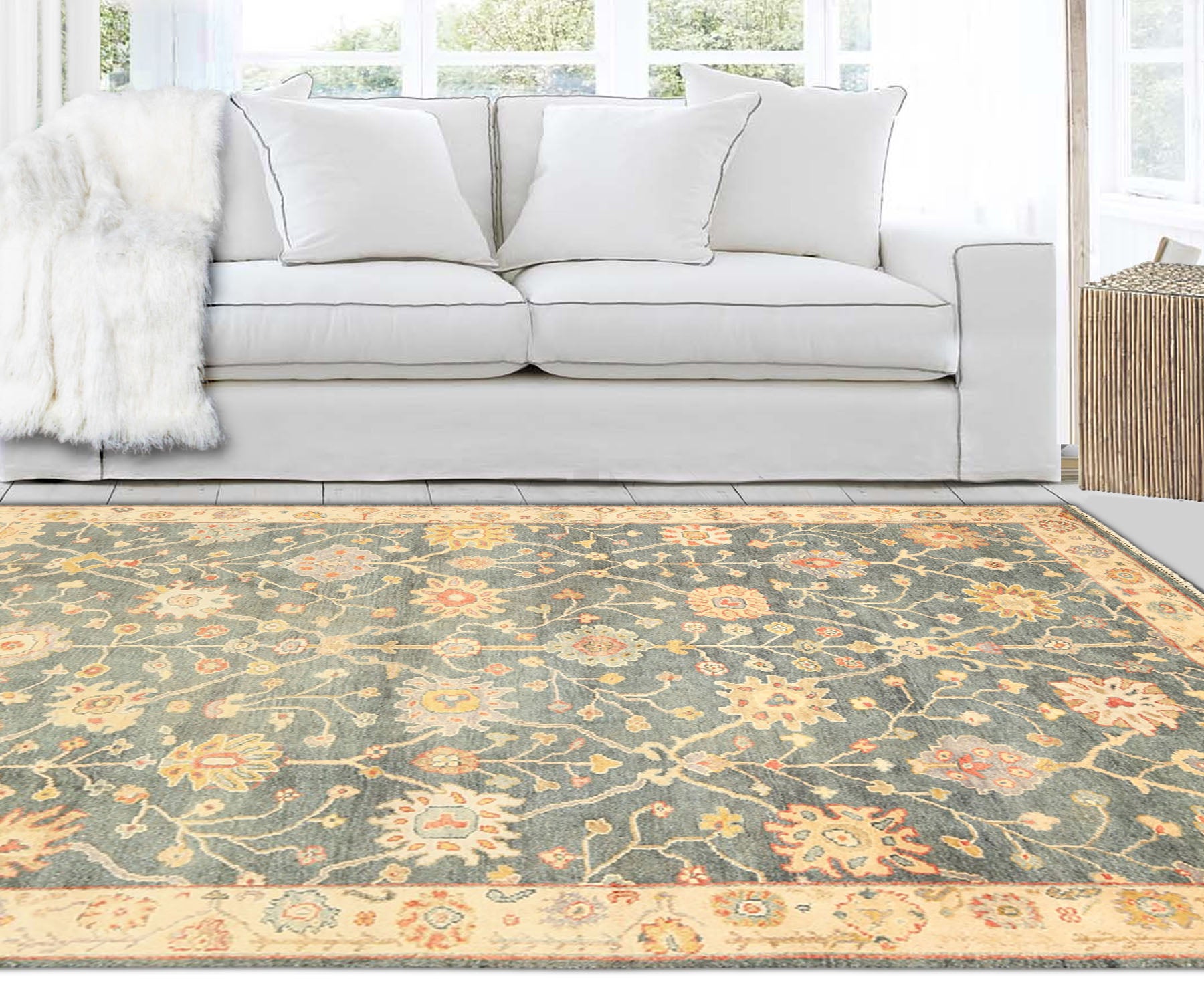6x9 Teal, Green, Ivory Color Hand Knotted Oushak Wool Traditional Oriental Rug