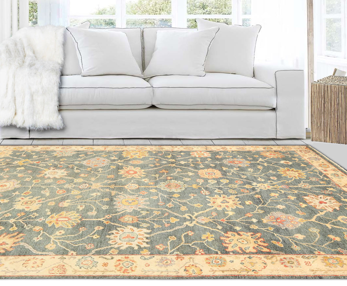 6x9 Teal, Green, Ivory Color Hand Knotted Oushak Wool Traditional Oriental Rug