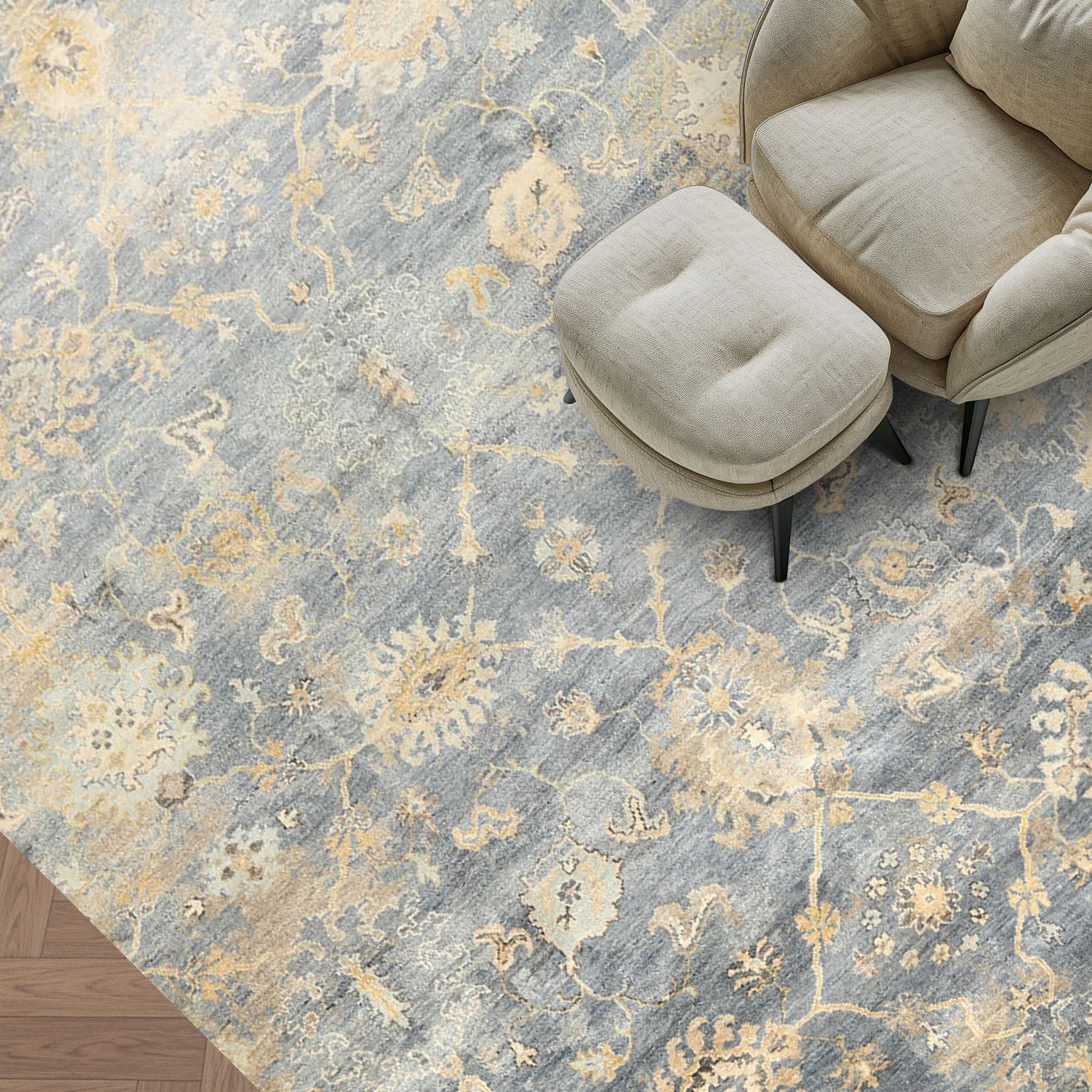 6x9 Slate, Blue, Beige Color Hand Knotted Oushak Wool Transitional Oriental Rug