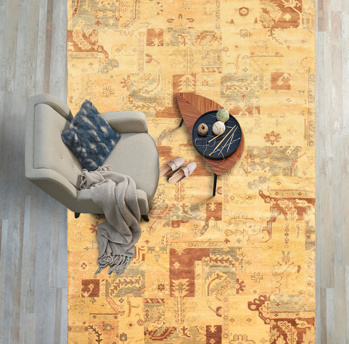 6x9 Beige, Gold, Brown Color Hand Knotted Oushak Wool Modern & Contemporary Oriental Rug